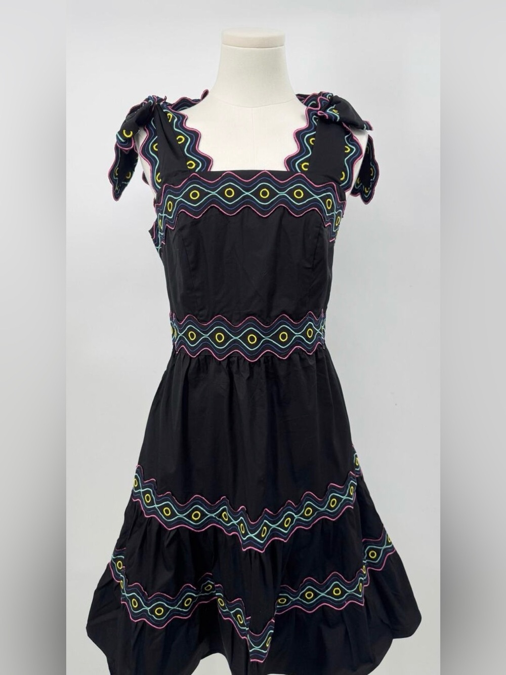 Celia B Umi Black Embroidered Tie Shoulder Dress Sleeveless Whimsical L NWT